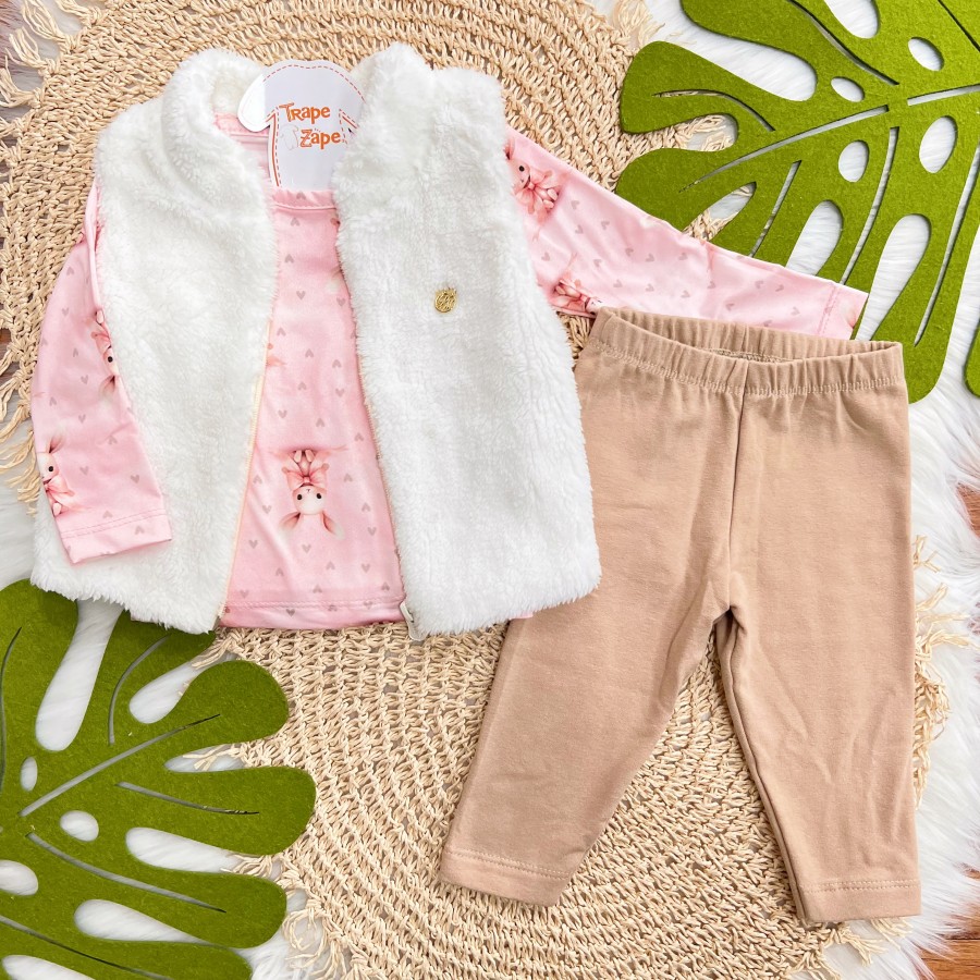 Conj. Colete de Pelinho, Blusa Coelhinha e Calça Legging - Areia